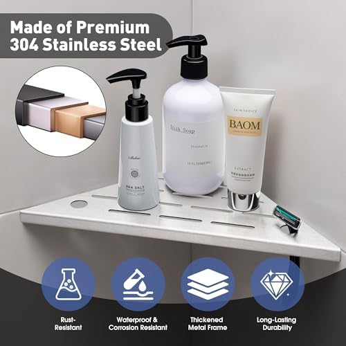Shower Corner Shelf, 10'' Corner Shower Shelf with Towel Bar & Hooks, 2-Pack 304 Stainless Steel Recessed Bathroom Shelves, Grout in Bathroom Shower Shelf for Tiled Wall,(Brushed Nickel)