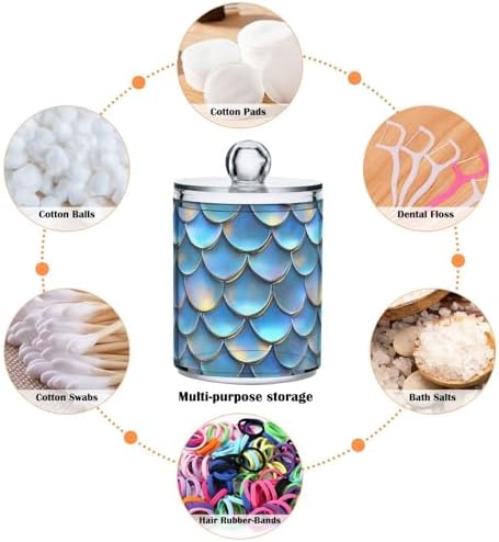 ALAZA 4pcs Blue Mermaid Scale 3D Funny Qtip Holder Dispenser 14 oz Bathroom Storage Clear Apothecary Jars Containers Cotton Ball,Cotton Rounds,Floss Picks, Hair Clips, Food