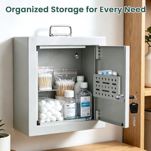 Lockable Wall-Mounted Medicine Cabinet with Key, Metal Medicine Organizer for Bathroom,Featuring Interior Shelf & Door Storage,Portable First Aid Cabinet with Top Handle,Weekly Pill Organizer Included