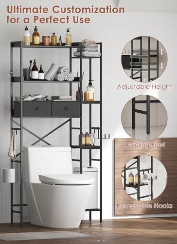 Over The Toilet Storage with 2 Drawers - 7 Tier Bathroom Organizer with Adjustable Shelf, Freestanding Space Saver Storage Rack Above Toilet Stand with Hooks for Small Restroom, Laundry(Black)