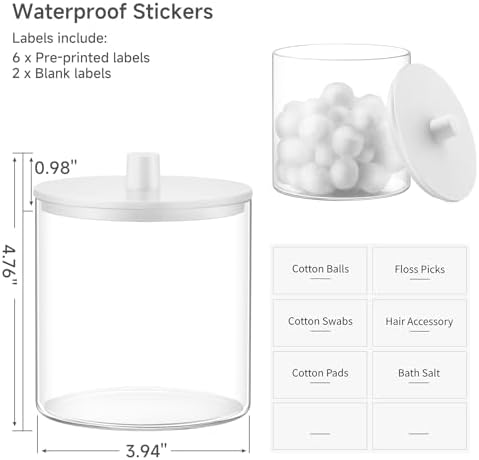 TIPGO Glass Qtip Holder Dispenser - 24 oz Clear Canister Jar, Bathroom Vanity Storage Organizer for Cotton Swabs, Pads, Floss Picks, Small Containers for Makeup Storage (White)