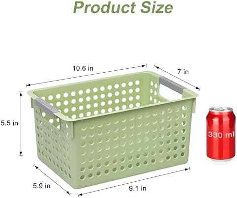 Soddeph 4 Pack Plastic Storage Basket with Handles, Small Deep Organizer Bin with Hollow Design for Under Counter, Shelf, Closet, Kitchen or Bathroom (Green, Small)