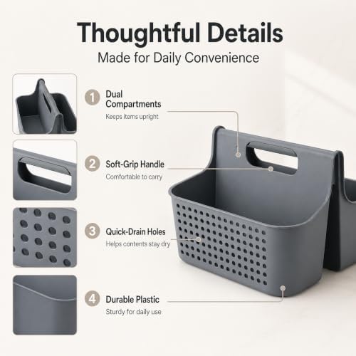 Haundry Portable Shower Caddy Basket, 2 Compartments Plastic Cleaning Caddy Organizer, Large Storage Tote with Handle for Bathroom, College, Dorm Room Essentials, Grey