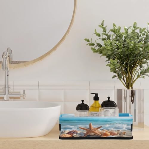 Storage Basket Set of 2 Beach Starfish Seashell Small Baskets for Organizing Fabric Storage Baskets with Handles for Shelves Bathroom Toilet Tank Top