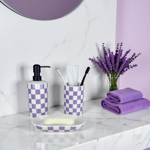 Bathroom Toothbrush Holder Set, Ceramic Soap Dispenser and Tooth Brush Holder& Soap Dish Set 3Pcs, Bathroom Accessories Sets Countertop, Purple Lavender Checkered Bathroom Decor