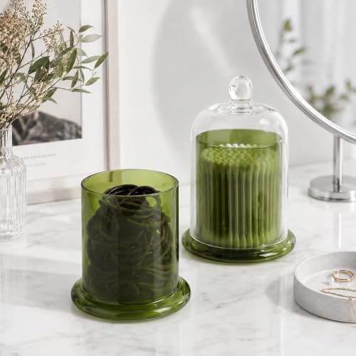 rejomiik Qtip Holder Glass Apothecary Jars with Lids Bathroom Storage Green