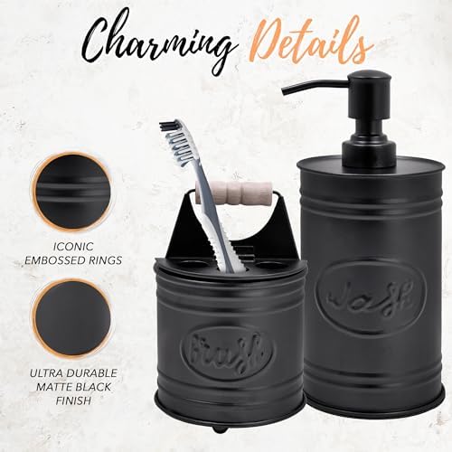 Autumn Alley Rustic Bathroom Accessories Set - Farmhouse Soap Dispenser and Toothbrush Holder Set - Western Bathroom Accessories, Farmhouse Decor for Bathroom Countertop, Galvanized Black