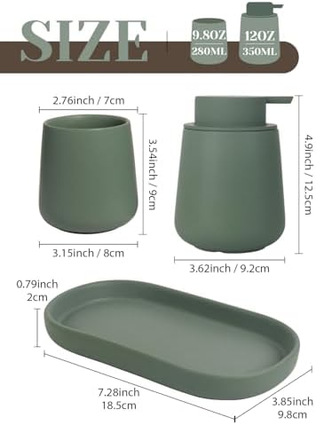 INGOFIN 3 Pcs Ceramic Bathroom Accessory Set - Foam Soap Dispenser, Toothbrush Holder & Tray, Bathroom Counter Set, Countertop Essentials for Home, Guest Bathroom, or Office Use, Matte Green