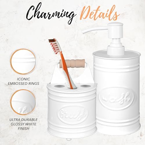 Autumn Alley Kids Bathroom Accessories Set – 2-Piece White Soap Dispenser & Toothbrush Holder, Farmhouse Bathroom Countertop Organizer for Kids, Durable Metal Bathroom Set with Wood Handle