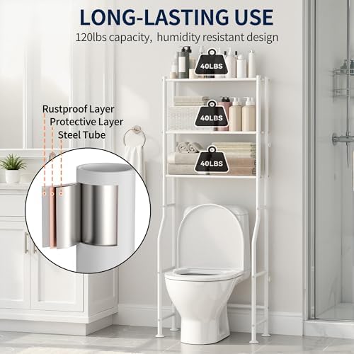 GloTika 3-Tier Over Toilet Storage Rack, Anti-Wobble, White