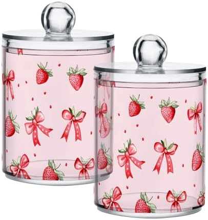 ALAZA Strawberry Bow Polka Dots 4 Pack Qtip Holder Dispenser for Cotton Swabs, Balls, Pads, Floss 10 oz Plastic Canister Organizer