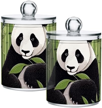 2 Pack Apothecary Jars Bathroom Panda Bear Black Qtip Holder Dispenser Clear Plastic Storage Canister Jar with Lid for Cotton Ball, Cotton Swab