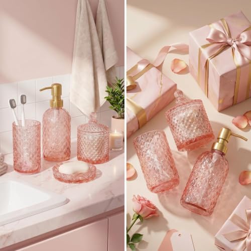 LaMarriti Pink Bathroom Accessories Set, 4Pcs Clear Glass Bathroom Set
