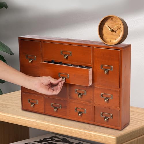 12 Drawers Apothecary Cabinet Library Card Catalog Cabinet Card Catalog Drawer with Metal Handles & Label Slot Wooden Desk Drawer Organizer for Herb Storage, Tea Collection (Brown)