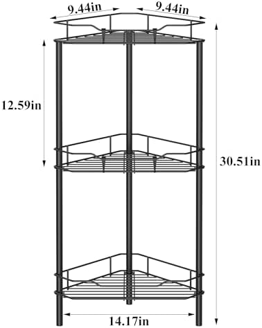 HuggieGems Metal Floor Standing Corner Shower Caddy, Matt Black, 3 Tier