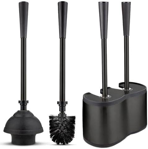 UMIEN 2-Pack Toilet Brush and Plunger Set, Matte Black, Long Handle | Toilet Brush + Plunger Combo, No-Rust Stainless Steel, Long Handle, Freestanding Canister