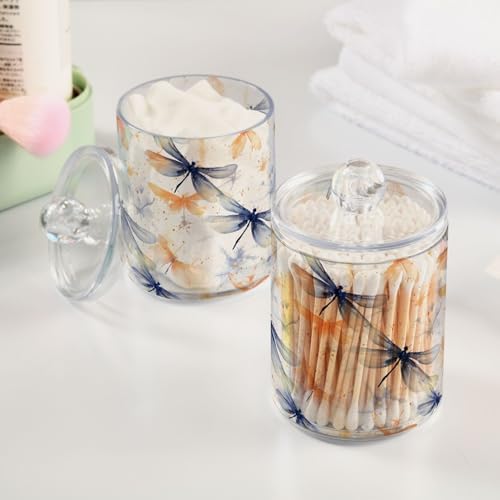 2 Pack Qtip Holder Dispenser with Lids, Watercolor Dragonfly Plastic Storage Containers, Bathroom Canisters Organizer for Cotton Ball, Swab, Round Pads, Floss