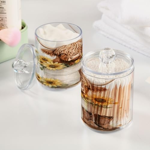 2 Pack Qtip Holder Organizer Dispenser Watercolor Sunflower Highland Cow Bathroom Storage Canister Cotton Ball Holder Container for Cotton Pads/Swabs/Floss