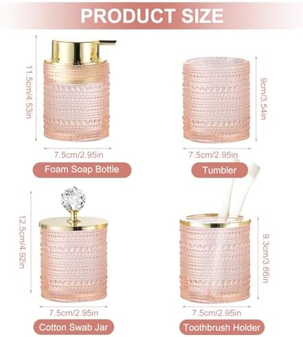 Pink Glass Bathroom Accessories Set with Foaming Soap Dispenser