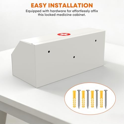 Locking Medicine Cabinet – Wall Mount Steel First Aid Storage Box with Key Lock, Secure Medicine Organizer for Home, Office, Clinic, 12.25" W x 5.25" D x 5.5" H