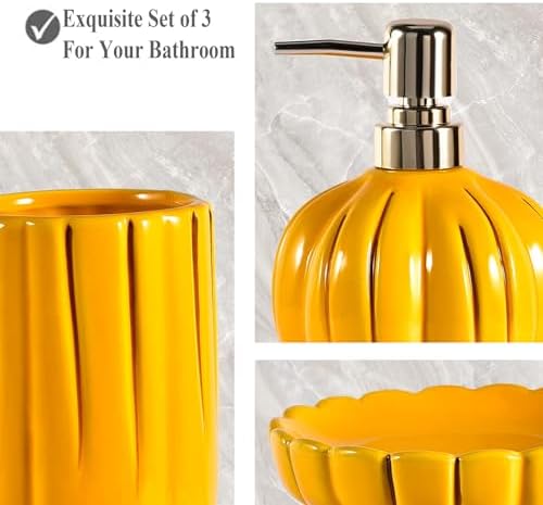 Fall Bathroom Accessories Set of 3, Thanksgiving Pumpkin Bathroom Decor, Ceramic Bathroom Sets Complete -Toothbrush Holders, Soap Dispenser, Soap Dish, Bathroom Organizer for Countertop