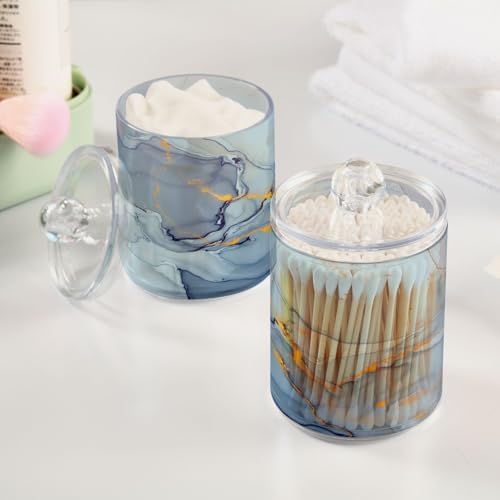 MNSRUU 2 Pack Qtip Holder Organizer Dispenser Teal Blue Marble Bathroom Storage Canister Cotton Ball Holder Bathroom Containers for Cotton Swabs/Pads/Floss