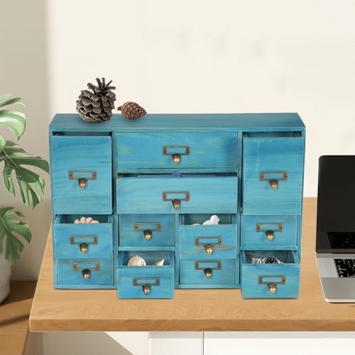 12 Drawers Apothecary Cabinet Library Card Catalog Cabinet Card Catalog Drawer with Metal Handles & Label Slot Wooden Desk Drawer Organizer for Herb Storage, Tea Collection (Blue)