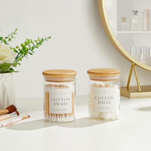 INIUNIK 2 Pack Qtip Holder Dispenser - Glass Apothecary Jars with Lids, Cotton Ball Pad Swab Round Holder, Bamboo Bathroom Accessories, Bathroom Organizers Containers Jars Canisters with Lids