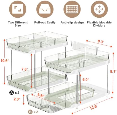Delamu 2-Tier Multi-Purpose Bathroom Under Sink Organizers and Storage, Stackable Kitchen Pantry Organization, Pull Out Medicine Cabinet Organizer with Movable Dividers, Light Green, 4 Pack