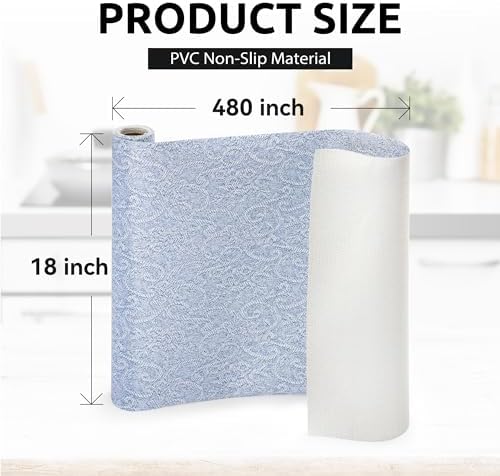 FIFTY FEET 18X480 Inch Shelf Liner with Scissor & Tape Measure for Kitchen Cabinets, PVC Drawer Liner for Dresser Non-Slip Bathroom, Non-Adhesive Cabinet Liner Washable (Pale Blue)