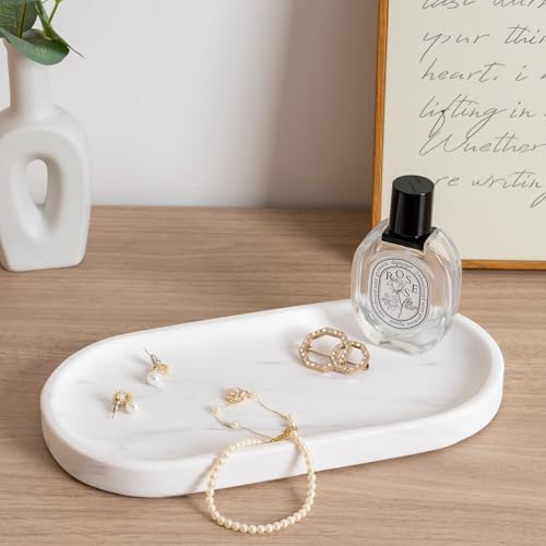 Koville White Marble Oval Tray for Bathroom Countertop, 10" x 5" Natural Marble Vanity Trays, Stone Perfume Organizer Tray for Decor, Jewelry Dish Perfume Trays for Dresser