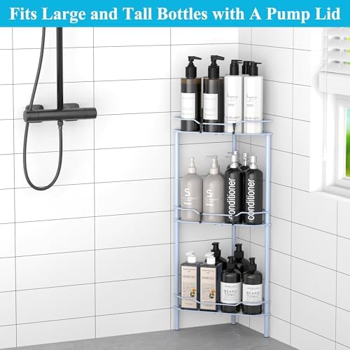 HuggieGems Metal Floor Standing Corner Shower Caddy, Blue, 3 Tier