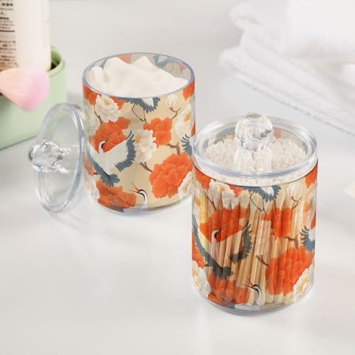 2 Pack Qtip Holder Organizer Dispenser Cranes Orange Flowers Bathroom Storage Canister Cotton Ball Holder Container for Cotton Pads/Swabs/Floss