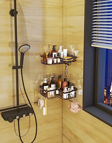 SWTYMIKI Stainless Steel Corner Shower Caddy, Shower Storage Basket Shelves with 11 Hooks, 2-Pack Shower Organizers Built-in Soap Holder No Drilling Shower Racks for Bathroom, Bronze