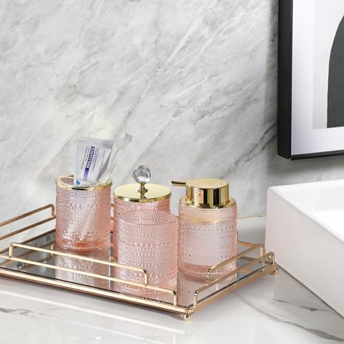 Pink Glass Bathroom Accessories Set with Foaming Soap Dispenser