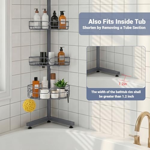 Standing Shower Caddy Corner, 4-Tier Adjustable Height Bathroom Organizer, 6-Section Pole, Sturdy Floor Standing Shelf for Shower – No Drilling, No Spring Tension (Gray)