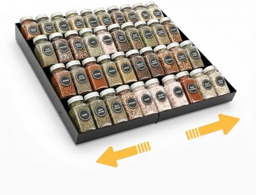 GOENDR Metal Spice Drawer Organizer, 4-Tier Spice Rack for Drawer, Expandable Seasoning Organizer Fits 11.4-22.8” Wide Drawer, Holds up to 48 Spice Jars (Not Included), Black