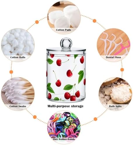 DOMIKING Cherry Leaves White 2 Pack Cotton Swab Holder Dispenser Plastic Jar Bathroom Storage Canister Acrylic Containers for Cotton Swab Round Pads Ball