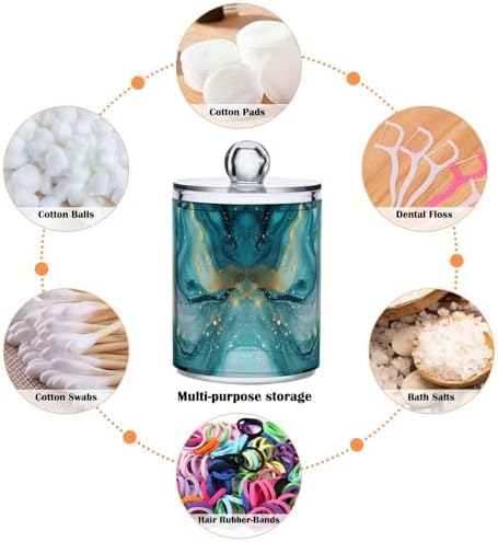 Abstract Turquoise Pattern Qtip Holder 4 Pack - 10 Oz Clear Plastic Apothecary Jar Set for Bathroom Organization - Versatile Canister Storage for Cotton Balls, Swabs, Rounds