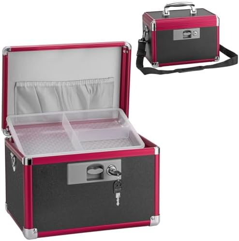 Medicine Lock Box for Safe Medication - 15 x 8.7 x 9.4 Inches - Lockable Storage Box for Drugs, First Aid Kit Empty, Lock Boxes with Key for Home/Outdoor (Black & Red/X-Large)