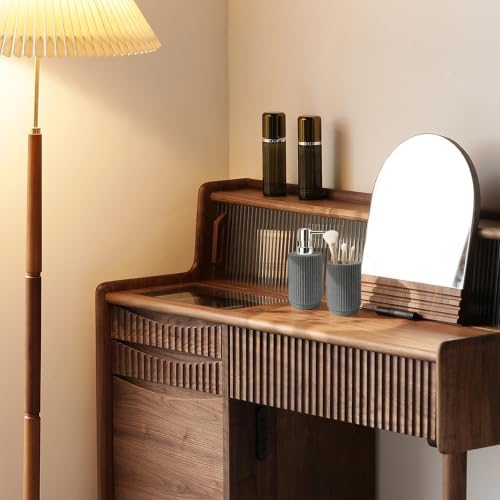 2Pcs Gray Bathroom Set, Striped Resin Soap & Toothbrush Holder, Boho