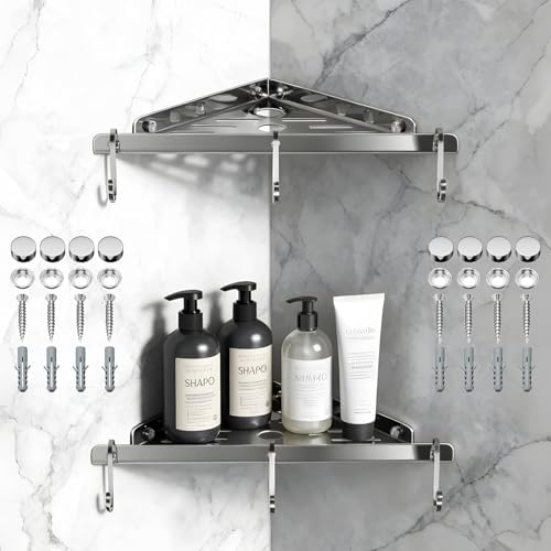 2Pack 10" 304 Stainless Steel Corner Shower Shelf 6Hooks 40Lbs Drill Silver