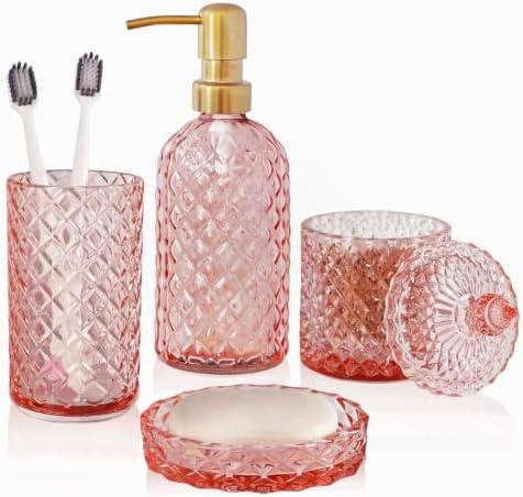 LaMarriti Pink Bathroom Accessories Set, 4Pcs Clear Glass Bathroom Set