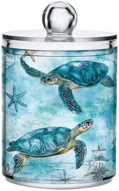 MNSRUU 4 Pack Qtip Holder Organizer Dispenser Turtle Starfish Map Sailing Bathroom Storage Canister Cotton Ball Holder Bathroom Containers for Cotton Swabs/Pads/Floss