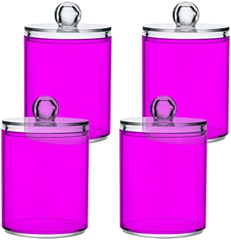 SHJI Magenta Purple Qtip Holder Organizer Dispenser Cotton Swabs Cans Plastic Jars with Lid Set 4 Pack Bathroom Storage Canister for Cotton Ball Floss Cotton Pads