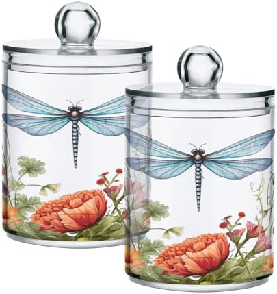 Dragonfly Flowers 2 Pack Qtip Holder Dispenser with Lids, Plastic Storage Containers, Bathroom Canisters Organizer for Cotton Swab, Floss 21214449