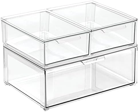 mDesign Plastic Stackable Bathroom Storage Organizer Bin Containers with Front Pull Drawer for Bathroom Countertop, Vanity, Closet Shelves - Holder for Accessories, Lumiere Collection, Set of 3, Clear
