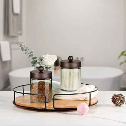 Amolliar Green Glass Apothecary Jar, Qtip Holder for Bathroom, Bronze 2Pack