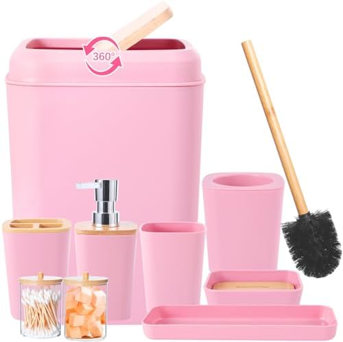 Bathroom Accessories Set, 9 Piece Pink Bathroom Decor Sets with Trash Can,Toothbrush Holder,Toothbrush Cup,Lotion Soap Dispenser,Vanity Tray,Soap Dish,Toilet Brush,Qtip Holder