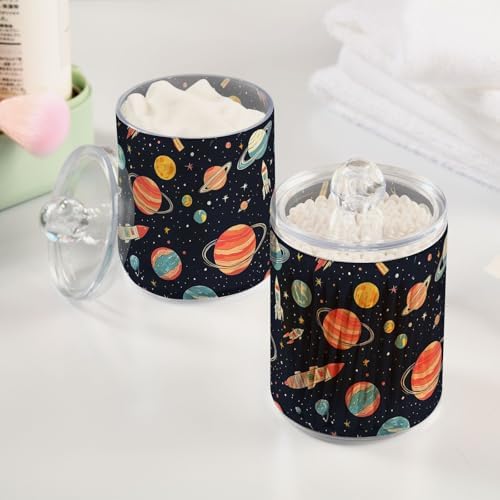 ALAZA Solar System Star Planet Space 4 Pack Qtip Holder Dispenser for Cotton Swabs, Balls, Pads, Floss 10 oz Plastic Canister Organizer